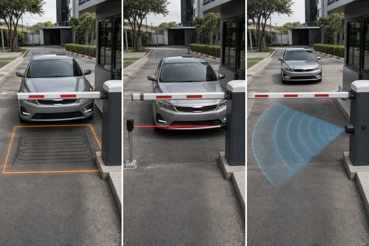 ภาพเปรียบเทียบพื้นที่ตรวจจับของ Loop Sensor ใต้พื้น Photo Sensor ตามแนวลำแสง และ Radar Sensor หน้าไม้กั้นรถ